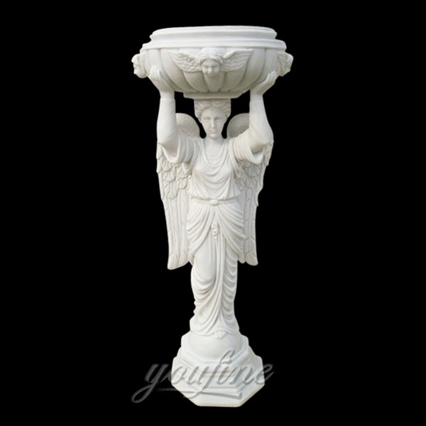Buy religious statues of white marble angel font for church interior decor