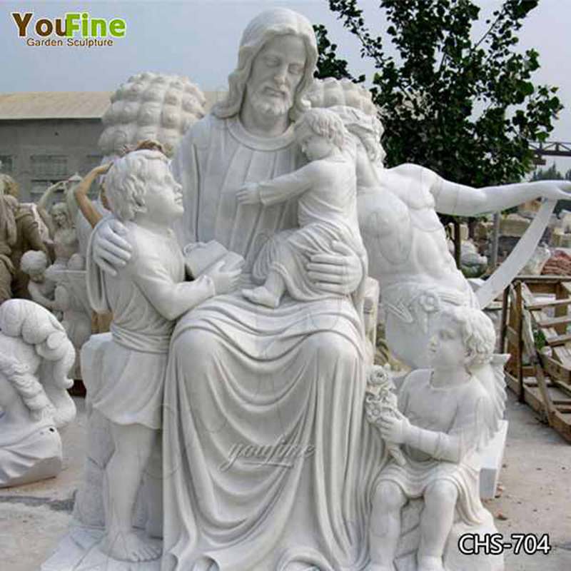 Life Size White Marble Jesus with Children Statue