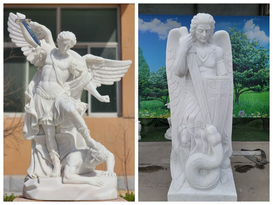 saint michael statue with sword and devil