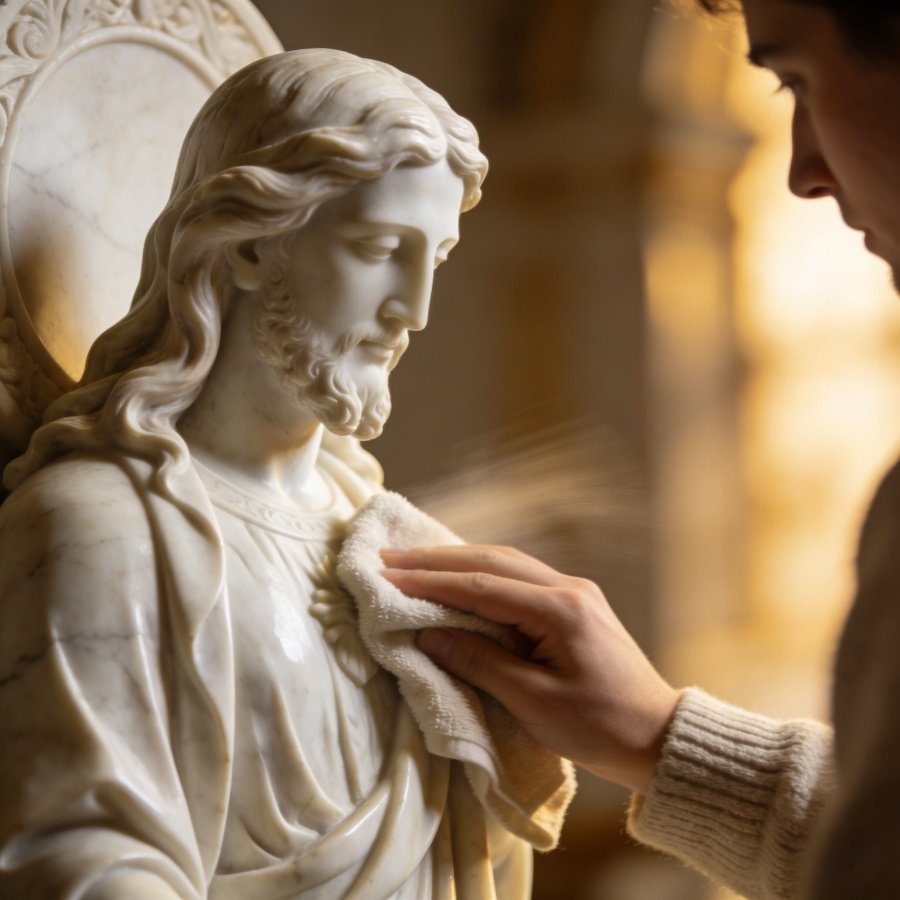 A person gently dusting a marble Jesus statue with a soft cloth.