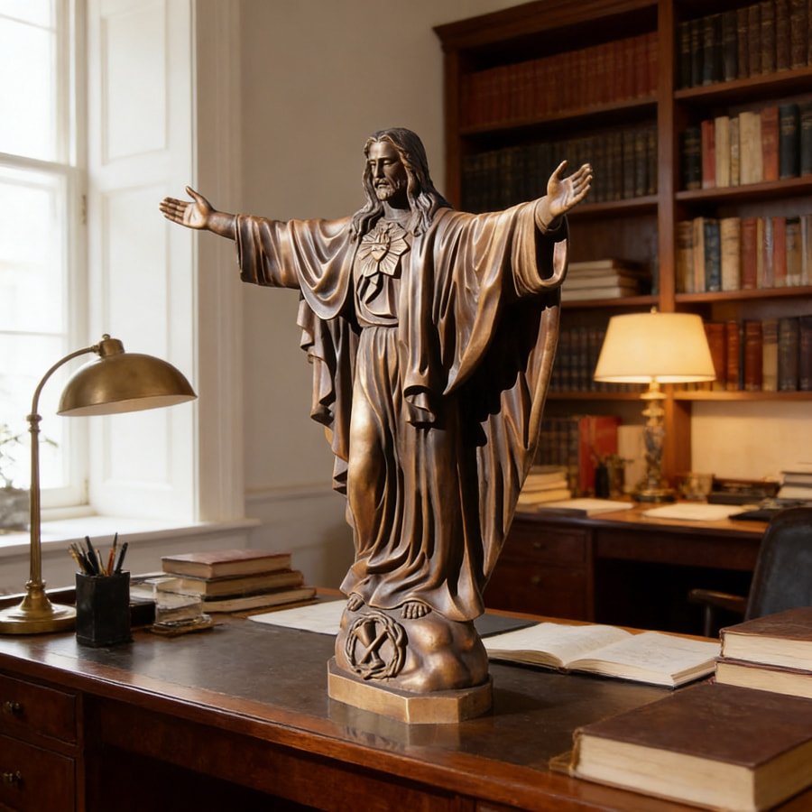 A detailed view of a bronze Jesus statue on a study desk.