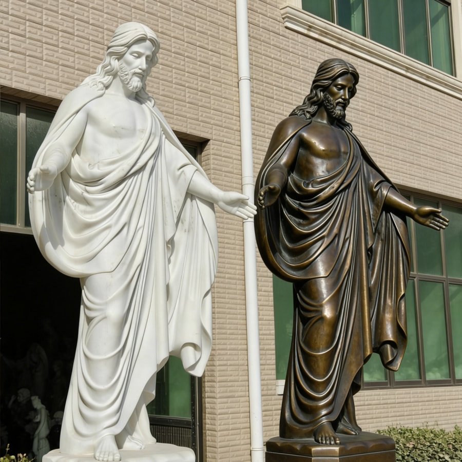 Side-by-side comparison of a white marble Jesus statue and a dark bronze Jesus statue.