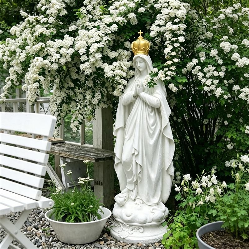 Our Lady of Fatima statue on cloud base pedestal with rosary and crown