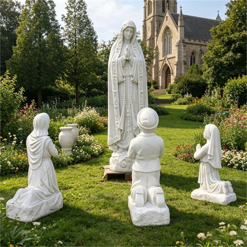Our Lady of Fatima marble statue with three shepherd children Lucia Francisco and Jacinta