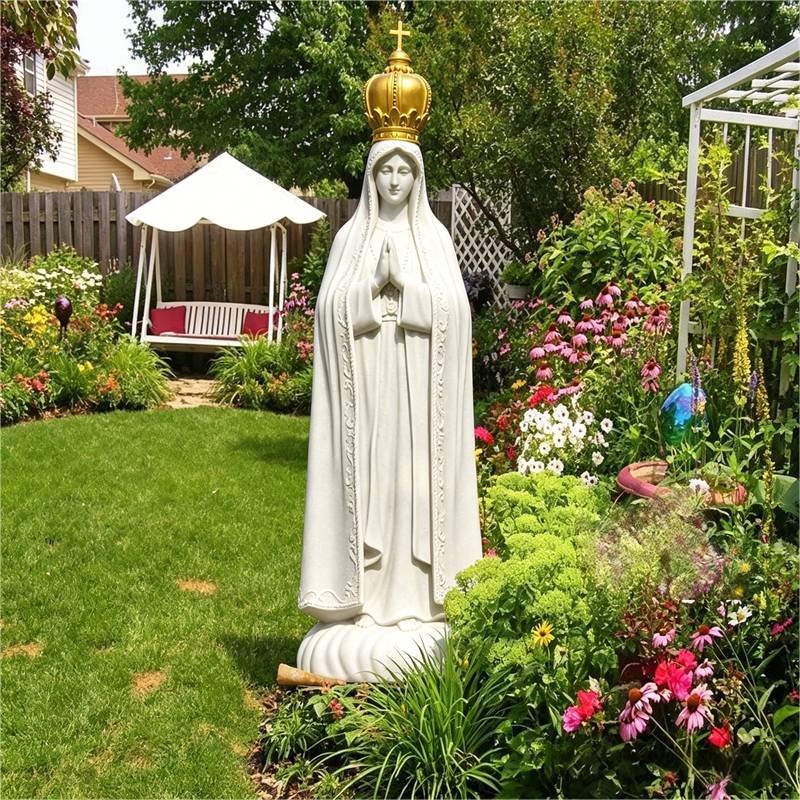 White marble Our Lady of Fatima statue with golden crown, customer photo in a backyard garden.