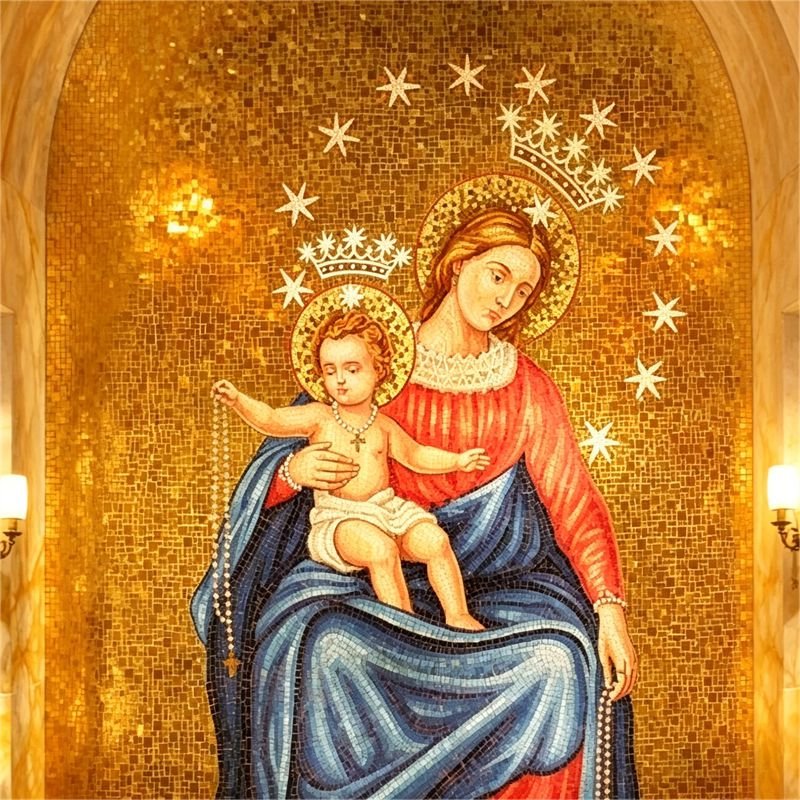 Mosaic of the Blessed Virgin Mary and Child at the Basilica of the National Shrine of the Immaculate Conception, patroness of the United States. The shrine is home to over 80 Marian chapels, oratories, and sacred images.