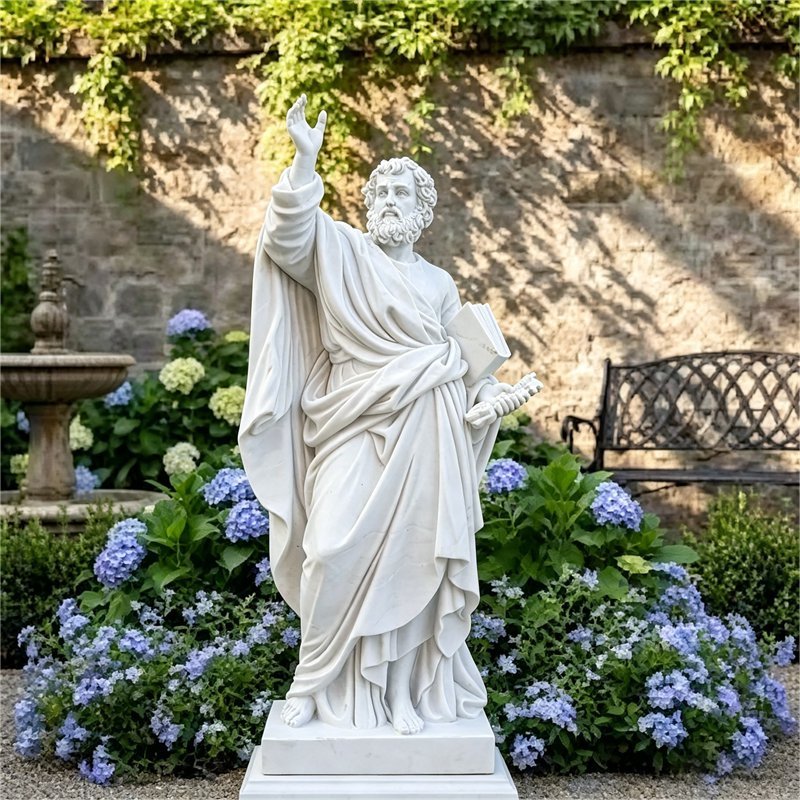 Hand-carved marble Saint Peter statue with raised hand, keys, and book, perfect for church and religious decor.