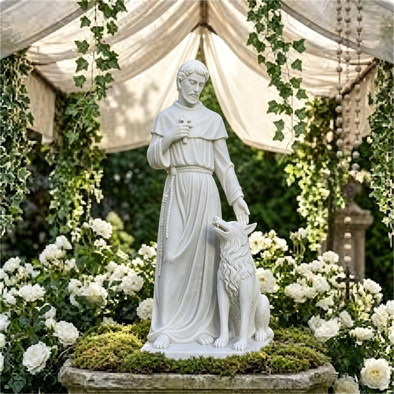 White marble statue of Saint Francis of Assisi with the wolf, set in a romantic garden with white roses and a draped canopy.