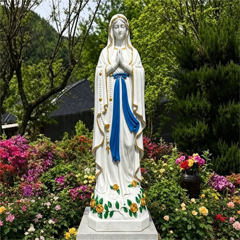 Hand-carved marble Virgin Mary statue with painted details (gold, blue, green), perfect for church or garden decor.