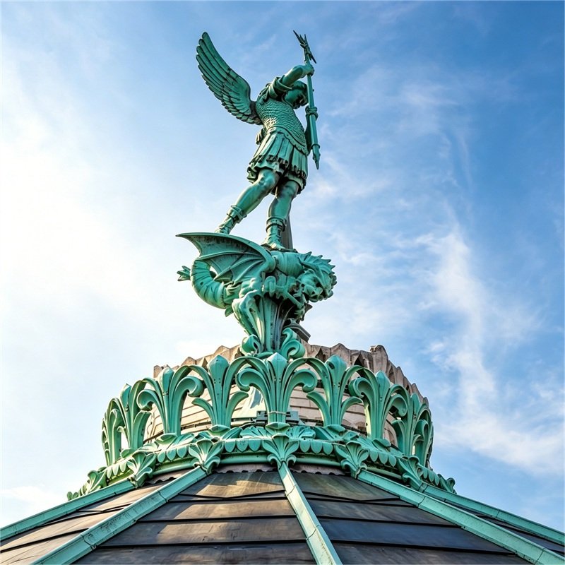 Statue of Saint Michael on the Basilique Notre-Dame de Fourvière in Lyon,France