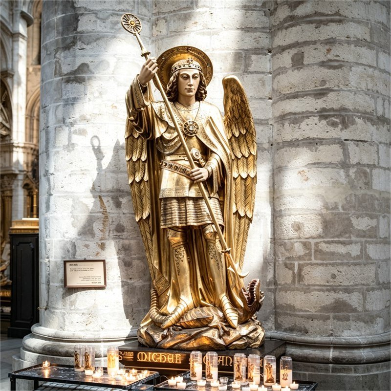 Archangel Michael Statue at the Cathedral of St. Michael and St. Gudula in Brussels, Belgium