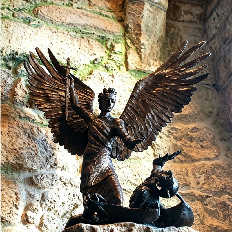 The statue of Archangel Michael shows Saint Michael in a vivid moment of triumph over the devil
