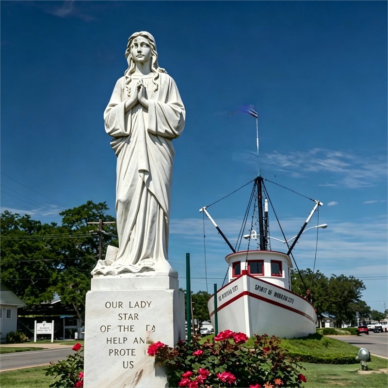 Our Lady Star of the Sea statue in Morgan City, Louisiana, in front of the Spirit of Morgan City shrimp trawler on the town's main street.