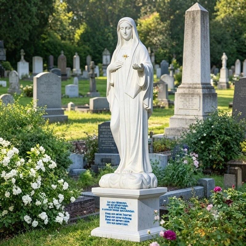 White marble Virgin Mary statue in a cemetery, German customer feedback photo.