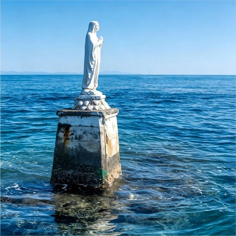 Stella Maris marble religious statue, located in the Cinque Terre National Park, in the province of La Spezia, in Liguria on the shores of the Gulf of Genoa, overlooking the blue sea under clear sky.