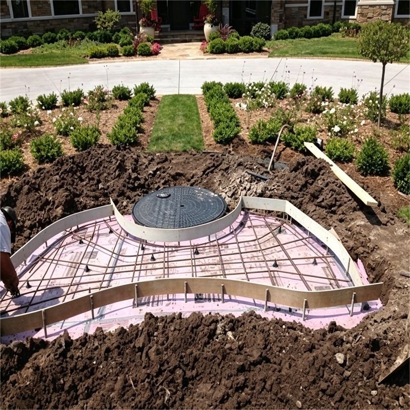 The construction photos of the religious fountain foundation footer specify the requirements for construction in frost line zones
