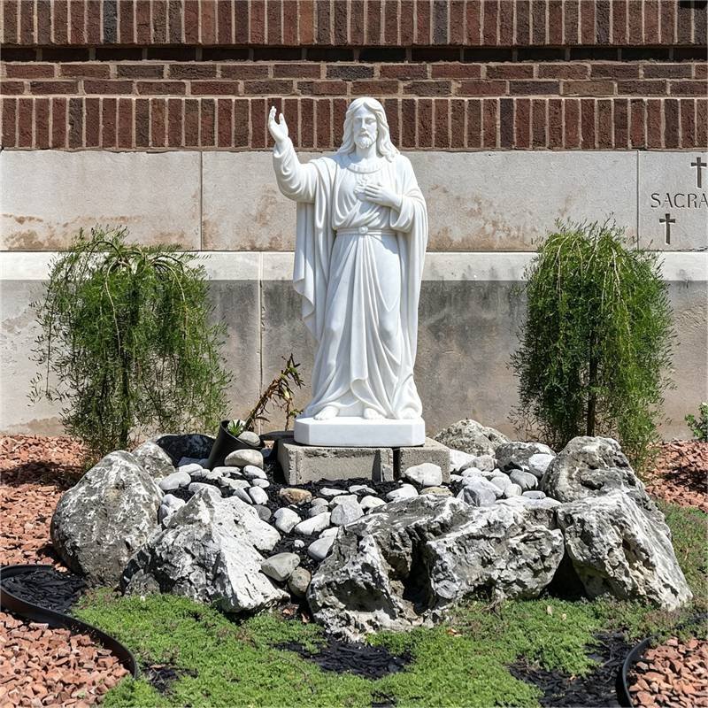 White marble Sacred Heart of Jesus statue in the backyard garden of a church