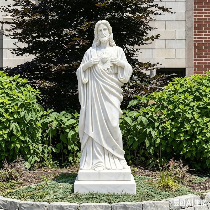 White marble Sacred Heart of Jesus statue in a church garden setting