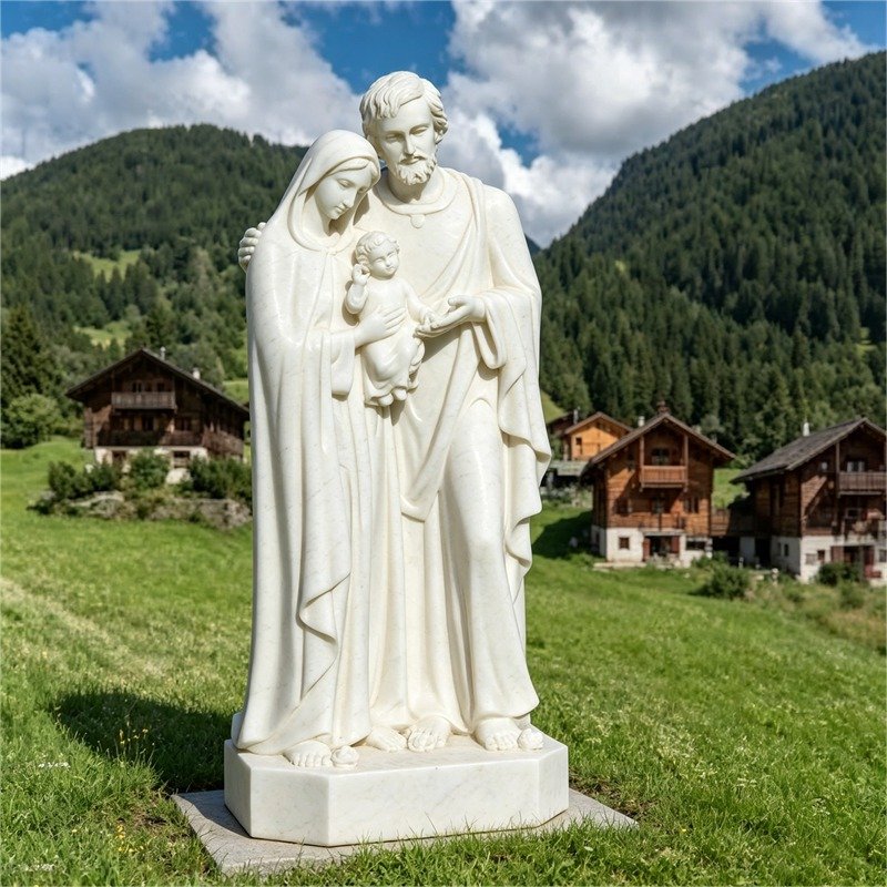 Hand-carved white marble Holy Family statue, featuring Baby Jesus, Virgin Mary and Saint Joseph, ideal for outdoor garden and religious decor