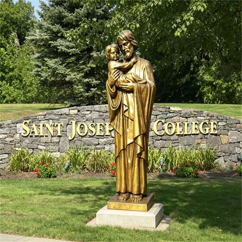 Bronze statue of Saint Joseph holding Baby Jesus at the entrance of Saint Joseph College