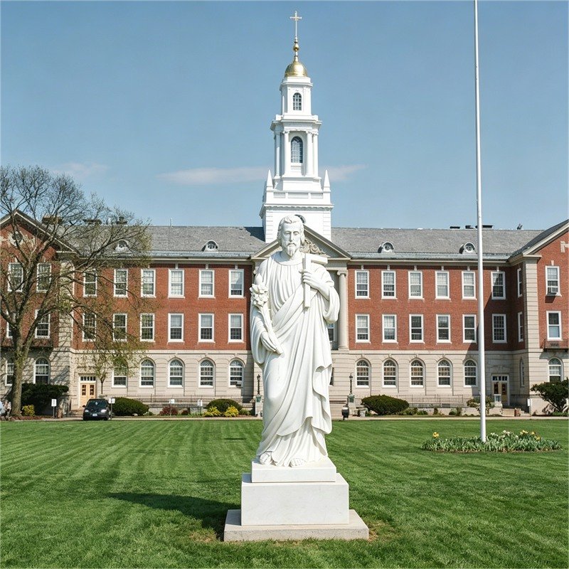 White marble statue of Saint Joseph the Worker holding a carpenter's square and lilies, placed on a college campus lawn.