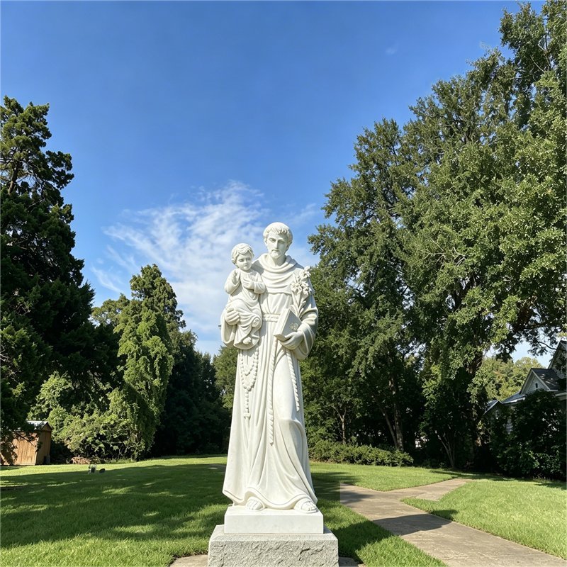 Hand-carved white marble statue of St. Anthony holding Baby Jesus, adorned with lilies, a book and rosary, perfect for church, garden and religious decor.
