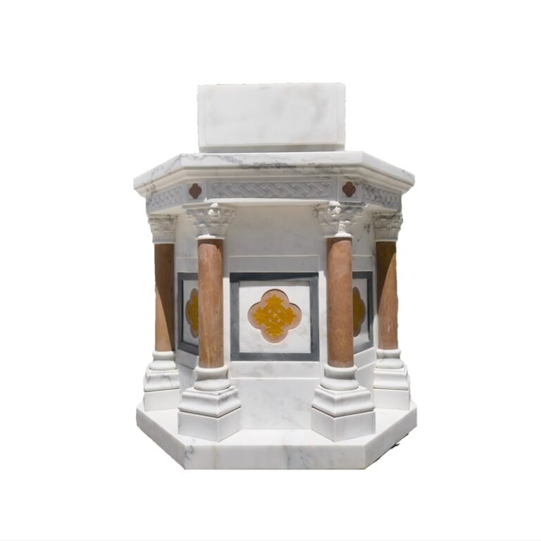 Handcarved White Marble Altar with Red Marble Columns