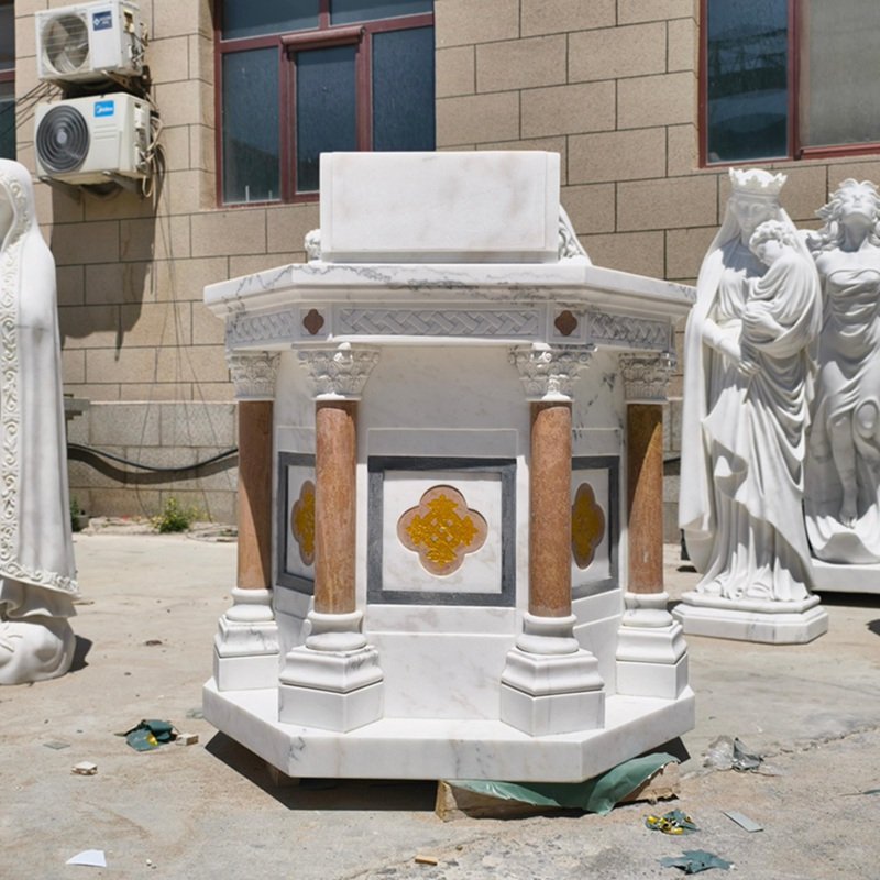 Handcarved White Marble Altar with Red Marble Columns