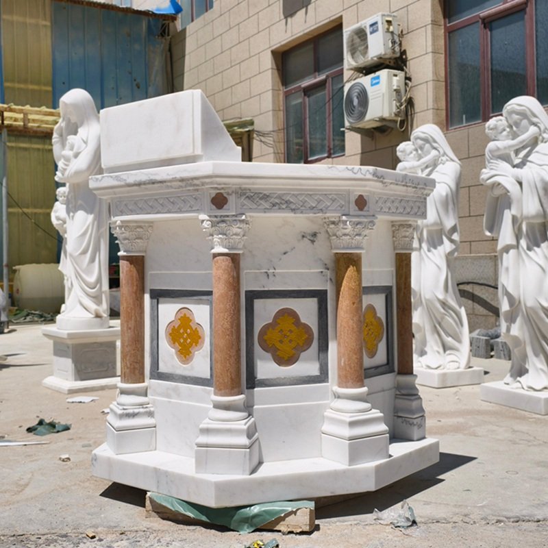 Handcarved White Marble Altar with Red Marble Columns