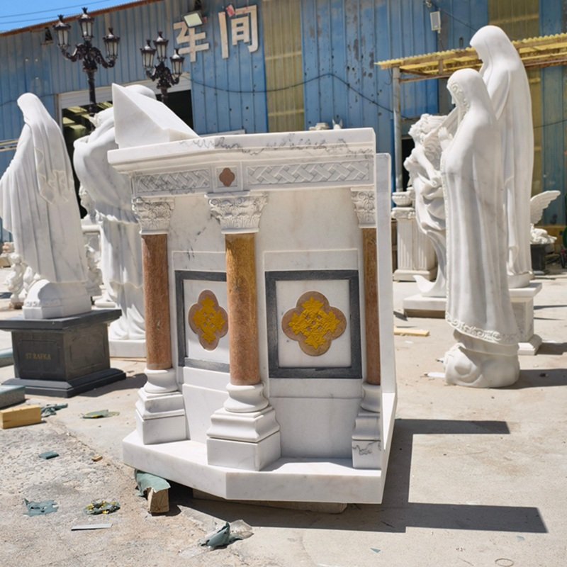 Handcarved White Marble Altar with Red Marble Columns