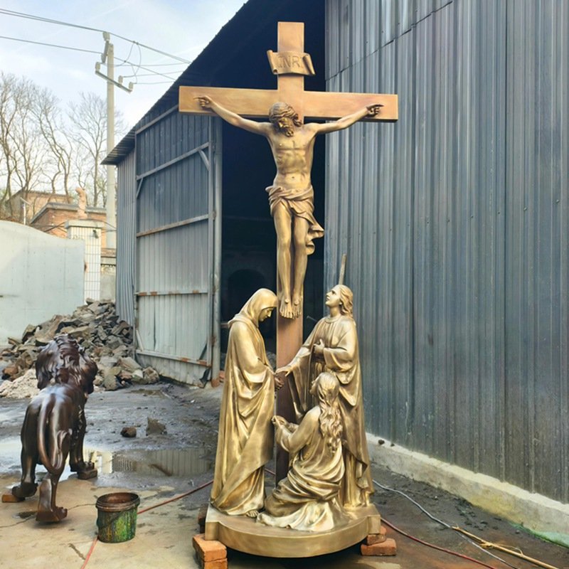 Hand-cast bronze Jesus crucifix sculpture finished in our factory, classic church religious artwork