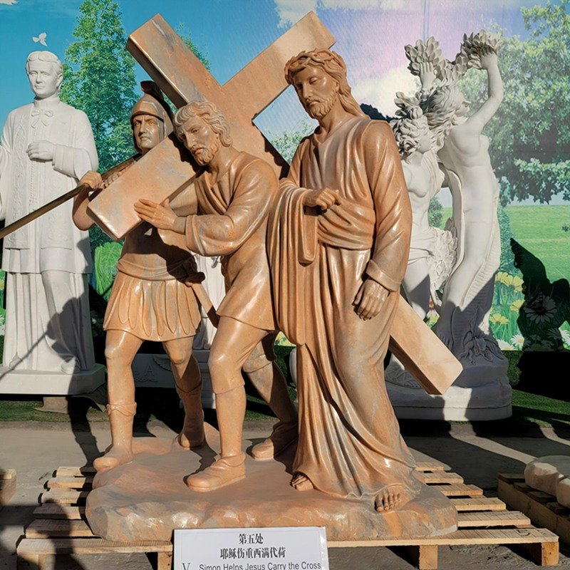 Station of the Cross V marble statue, Jesus carrying the cross, natural sunset red stone sculpture