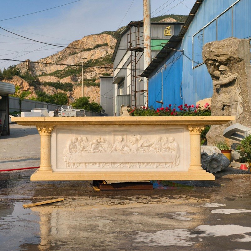 Hand-Carved Natural Beige Marble Altar with The Last Supper Deep Relief