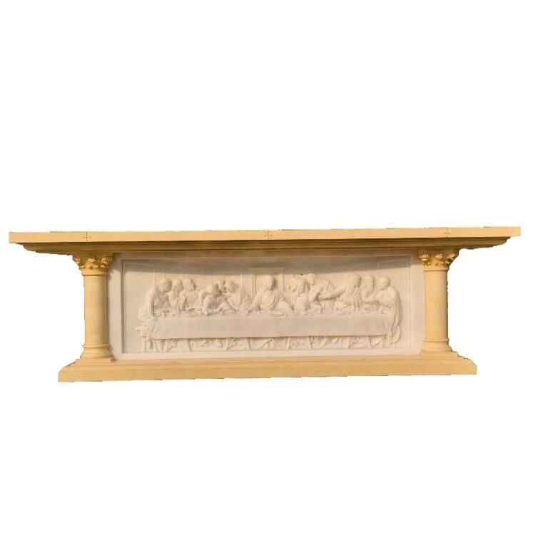 Hand-Carved Natural Beige Marble Altar with The Last Supper Deep Relief