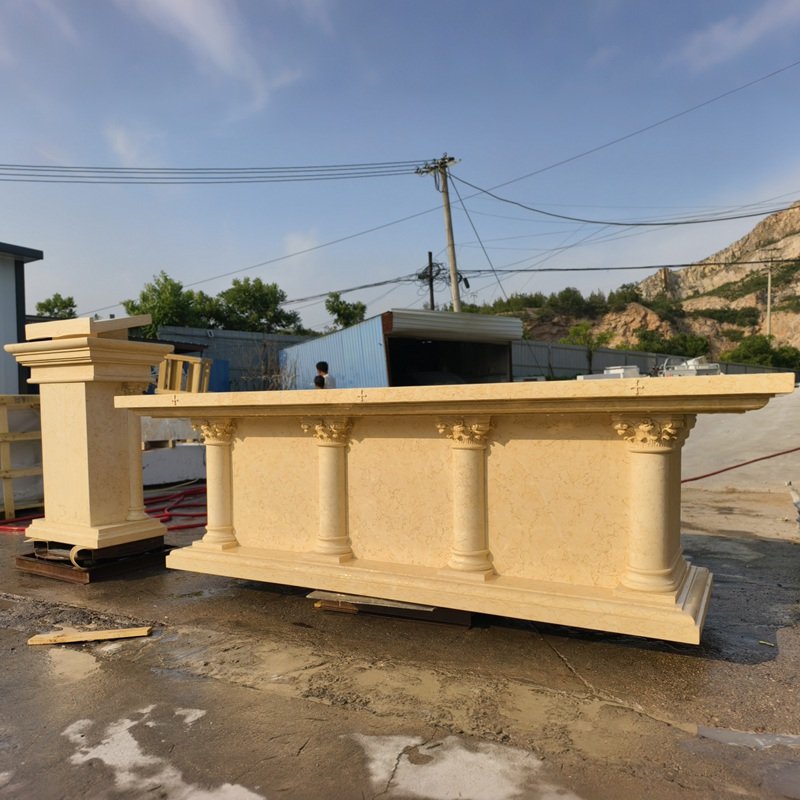 Hand-Carved Natural Beige Marble Altar with The Last Supper Deep Relief