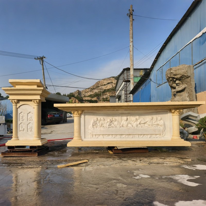 Hand-Carved Natural Beige Marble Altar with The Last Supper Deep Relief