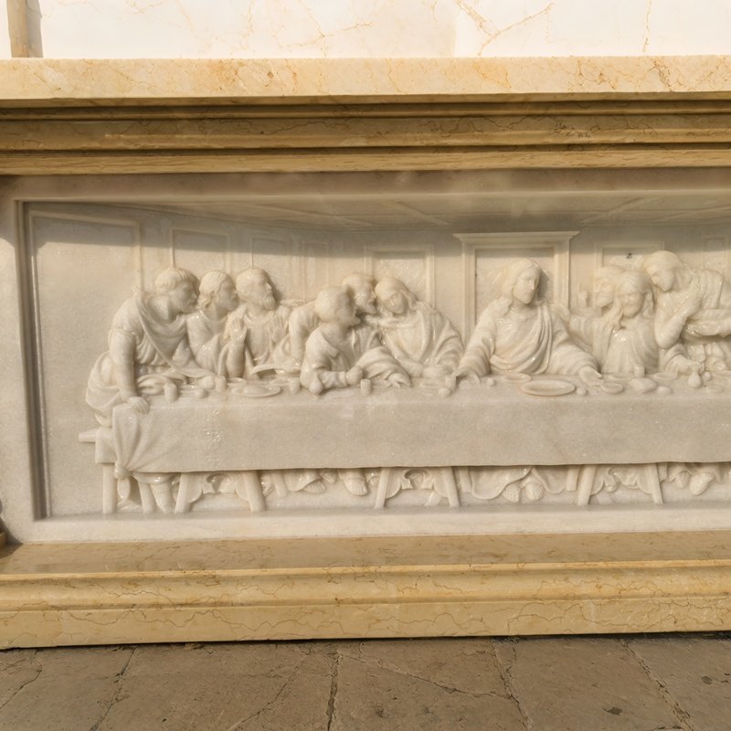 Hand-Carved Natural Beige Marble Altar with The Last Supper Deep Relief