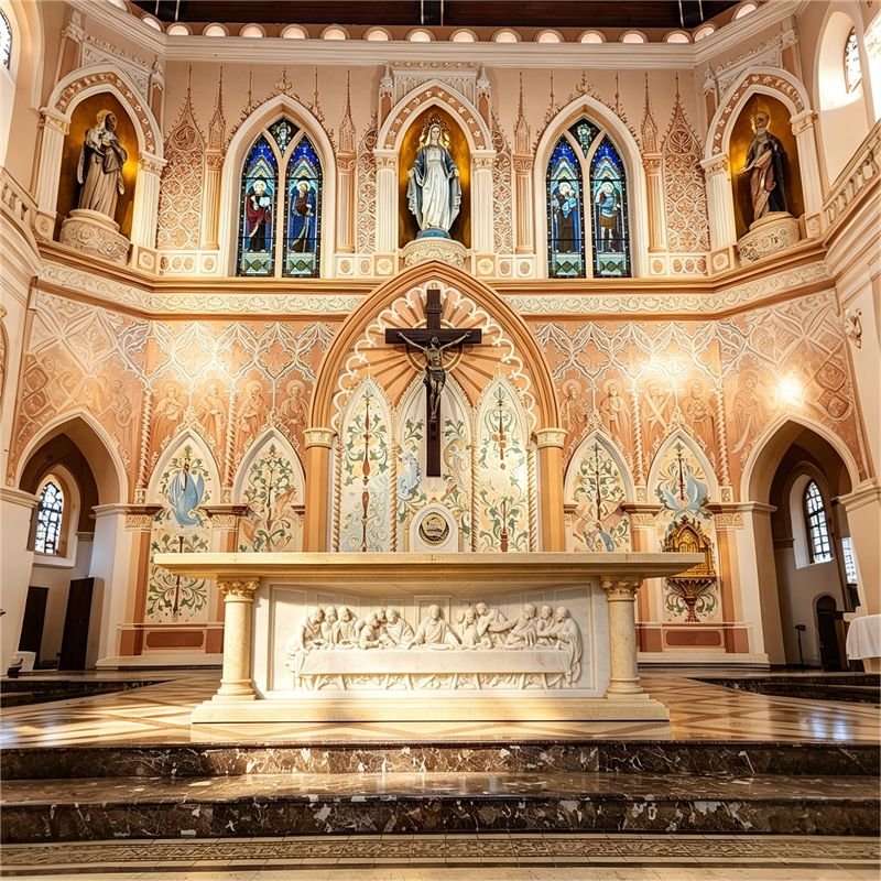 Hand-Carved Natural Beige Marble Altar with The Last Supper Deep Relief