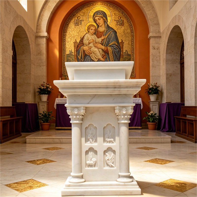 Custom Four Living Creatures White Marble Church Pulpit