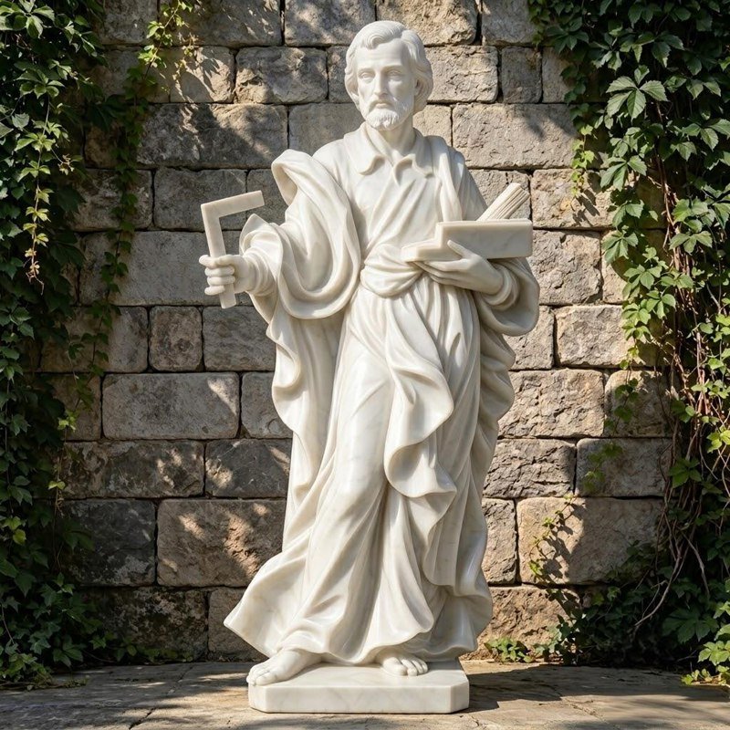 white marble St. Joseph the Worker statue holding carpenter’s square and holy book