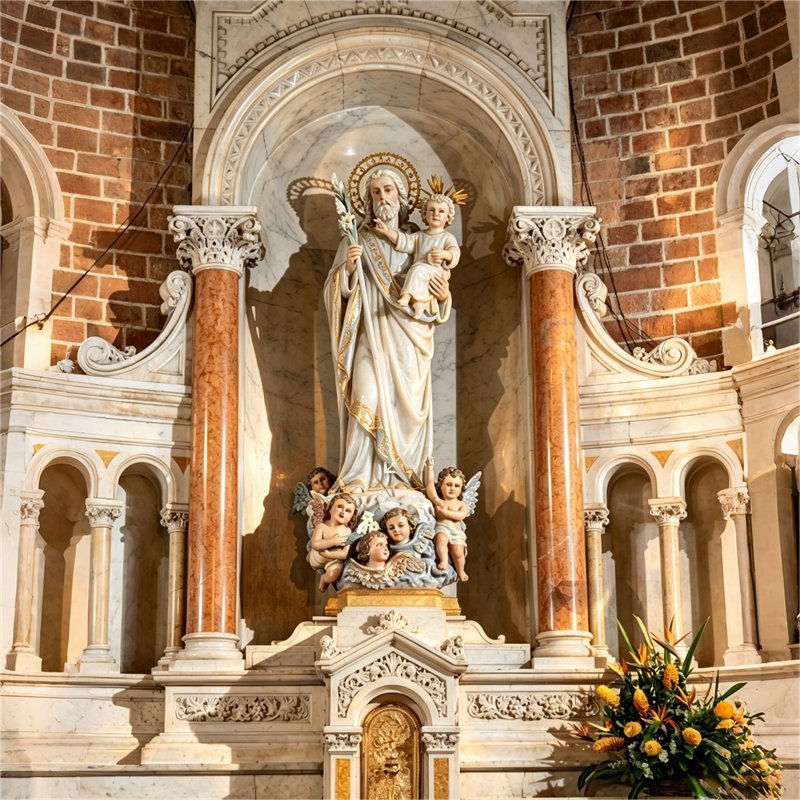 White Marble Saint Joseph holding Child Jesus with angels statue in a Catholic Cathedral