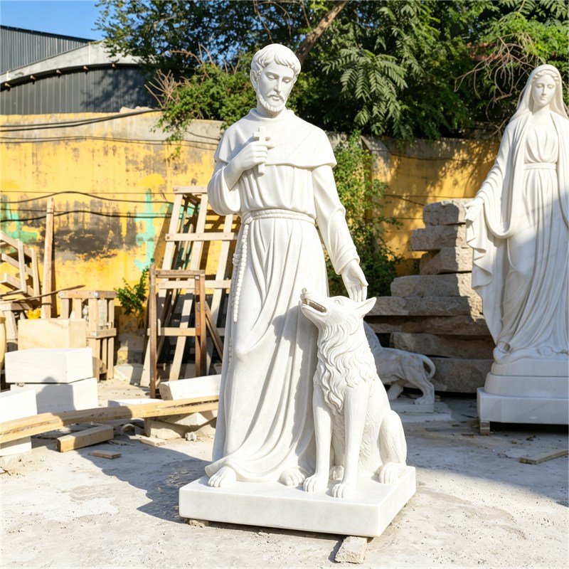 Marble The Legend St.Francis and A Wolf Statue