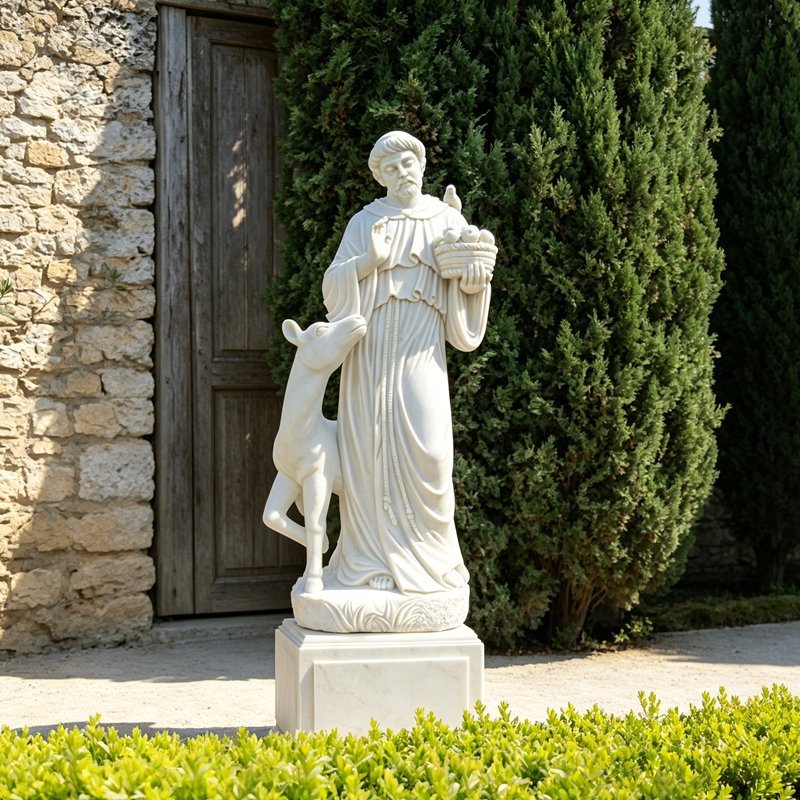 Life Size Marble St.Francis Garden Statue With Deer