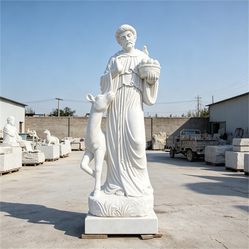 Life Size Marble St.Francis Garden Statue With Deer