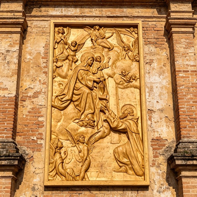 Beige Marble Virgin Mary Holding Infant Jesus with Angels Relief