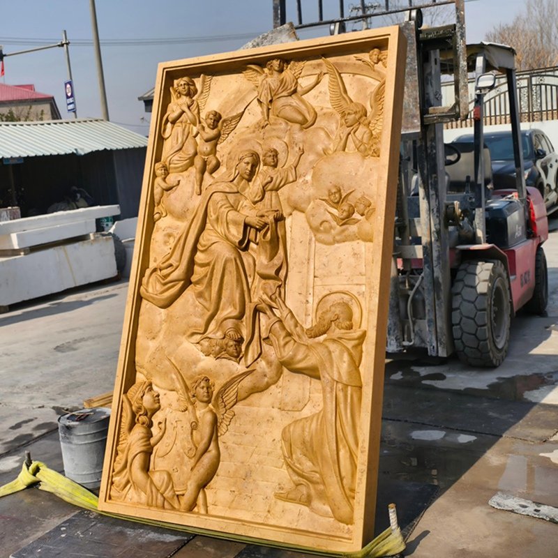 Beige Marble Virgin Mary Holding Infant Jesus with Angels Relief
