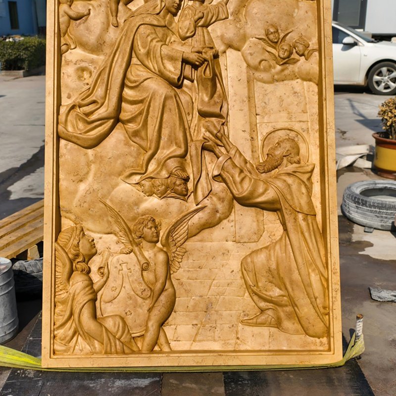 Beige Marble Virgin Mary Holding Infant Jesus with Angels Relief