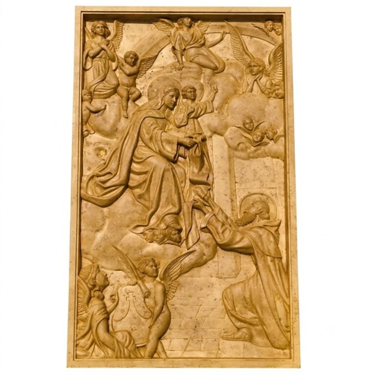 Beige Marble Virgin Mary Holding Infant Jesus with Angels Relief