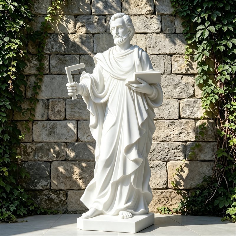 White Marble St. Joseph Holding a Square and Scripture