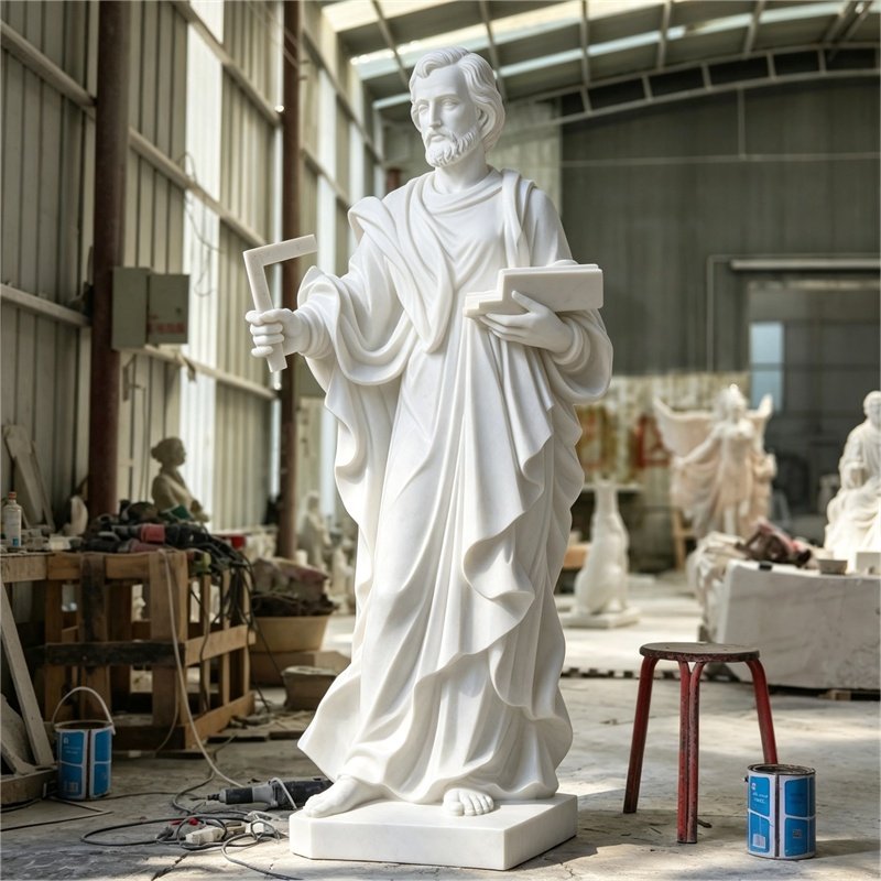 White Marble St. Joseph Holding a Square and Scripture